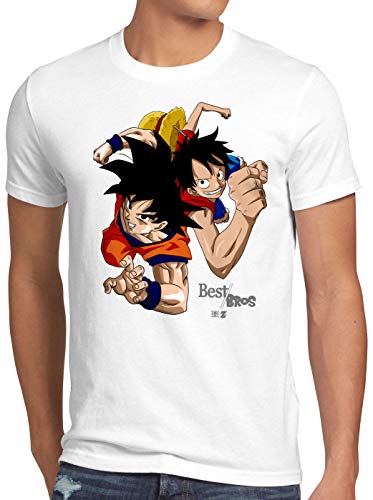 style3 Goku Ruffy - Best Bro's Herren T-Shirt Strohhut z Saiyan, Größe:3XL, Farbe:Weiß von style3