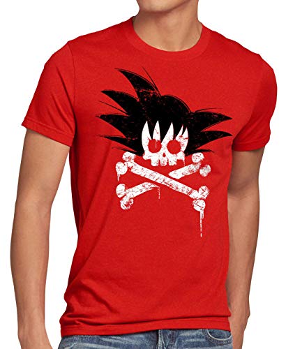 style3 Goku Skull Anime T-Shirt Herren Son-Goku Dragon Z Super Sayajin Ball Totenkopf Pirat Dojo, Größe:L, Farbe:Rot von style3