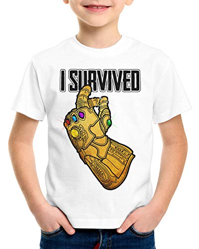 style3 I survivded Thanos T-Shirt für Kinder Infinity superheld Kino, Farbe:Weiß, Größe:128 von style3