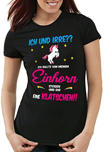 style3 ICH und IRRE? Einhorn absteigen klatschen Damen T-Shirt Einhörner Fun Spruch Mädchen Tochter JGA, Farbe:Schwarz, Größe:2XL von style3