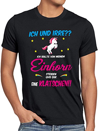 style3 ICH und IRRE? Einhorn absteigen klatschen Herren T-Shirt Einhörner Fun Spruch JGA Junggesellen-Abschied, Größe:XL, Farbe:Schwarz von style3