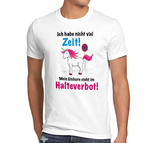style3 Keine Zeit Einhorn im Halteverbot Herren T-Shirt Mein Unicorn Steht Parken Spruch, Größe:M;Farbe:Weiß von style3