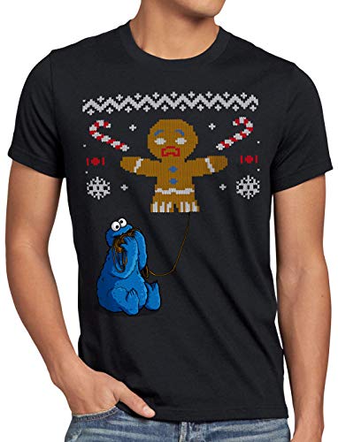 style3 Krümelmonster Ugly Sweater Herren T-Shirt Kekse Cookie Fun Ernie bert Monster x-Mas Pulli, Größe:L, Farbe:Schwarz von style3