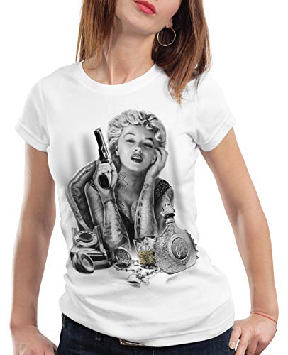 style3 Marilyn Tattoo Heartbreaker Damen T-Shirt Rock Monroe tätowiert Biker usa, Farbe:Weiß, Größe:XXL von style3