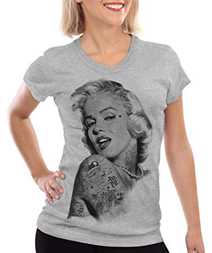 style3 Marilyn Tattoo T-Shirt Damen Hollywood Star Monroe, Farbe:Grau meliert, Größe:L von style3