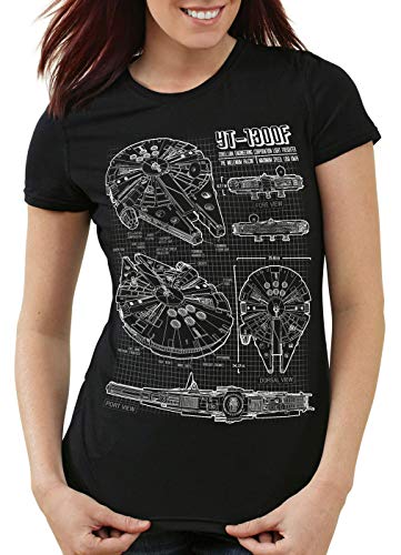 style3 Millennium Falcon Damen T-Shirt Blaupause falkon, Farbe:Schwarz, Größe:XL von style3