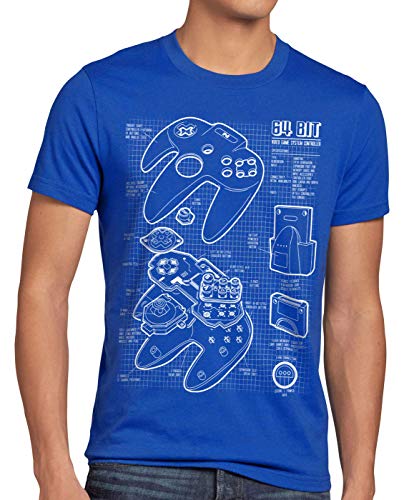 style3 N64 Controller Blaupause Herren T-Shirt 64-Bit Videospiel, Größe:L, Farbe:Blau von style3
