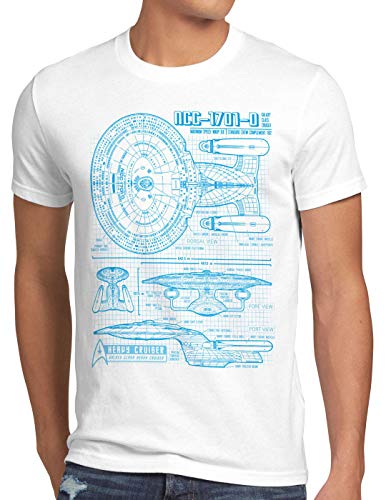 style3 NCC-1701-D Blaupause T-Shirt Herren Trek Trekkie Star, Größe:5XL, Farbe:Weiß von style3