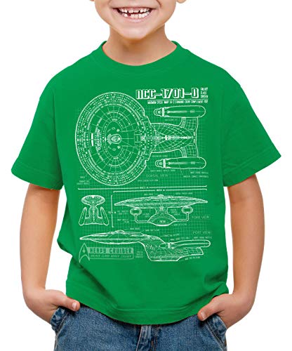 style3 NCC-1701-D Blaupause T-Shirt Kinder Trek Trekkie Star, Farbe:Grün, Größe:140 von style3