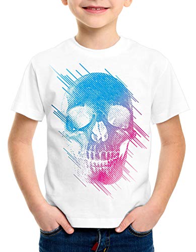style3 Neon Skull T-Shirt Kinder Totenkopf Disco neon Festival, Farbe:Weiß, Größe:164 von style3