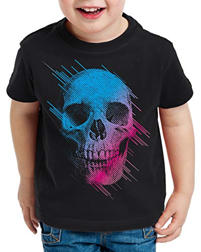 style3 Neon Skull T-Shirt Kinder Totenkopf Disco neon Festival, Farbe:Schwarz, Größe:140 von style3