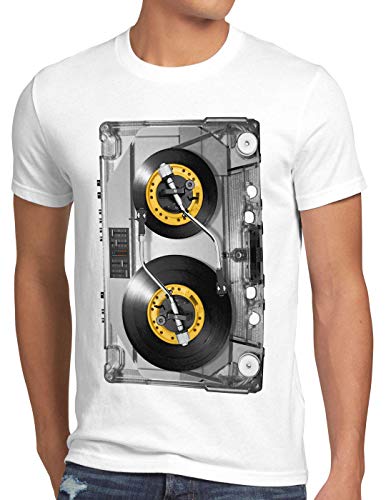 style3 Nonstop Play T-Shirt Herren Kassette Fotodruck Turntable Schallplatte, Größe:M, Farbe:Weiß von style3