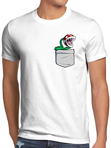 style3 Piranha Pflanze Brusttasche Herren T-Shirt Mario SNES, Größe:5XL, Farbe:Weiß von style3