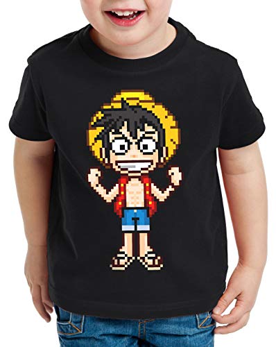 style3 Pixel Luffy T-Shirt für Kinder Piece Strohhut Pirat one, Farbe:Schwarz, Größe:140 von style3