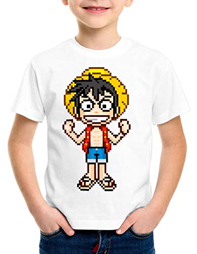 style3 Pixel Luffy T-Shirt für Kinder Piece Strohhut Pirat one, Farbe:Weiß, Größe:152 von style3