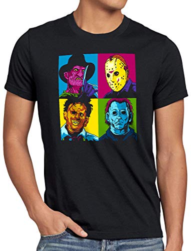 style3 Pop-Art Grusel Herren T-Shirt Freddy Jason Michael Leatherface Warhol, Größe:3XL, Farbe:Schwarz von style3