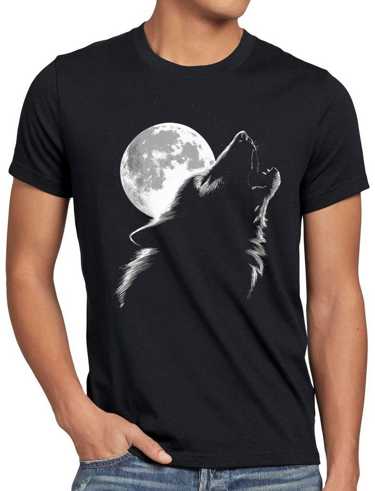 style3 Print-Shirt Herren T-Shirt Heulender Wolf bei Vollmond rudel wald von style3