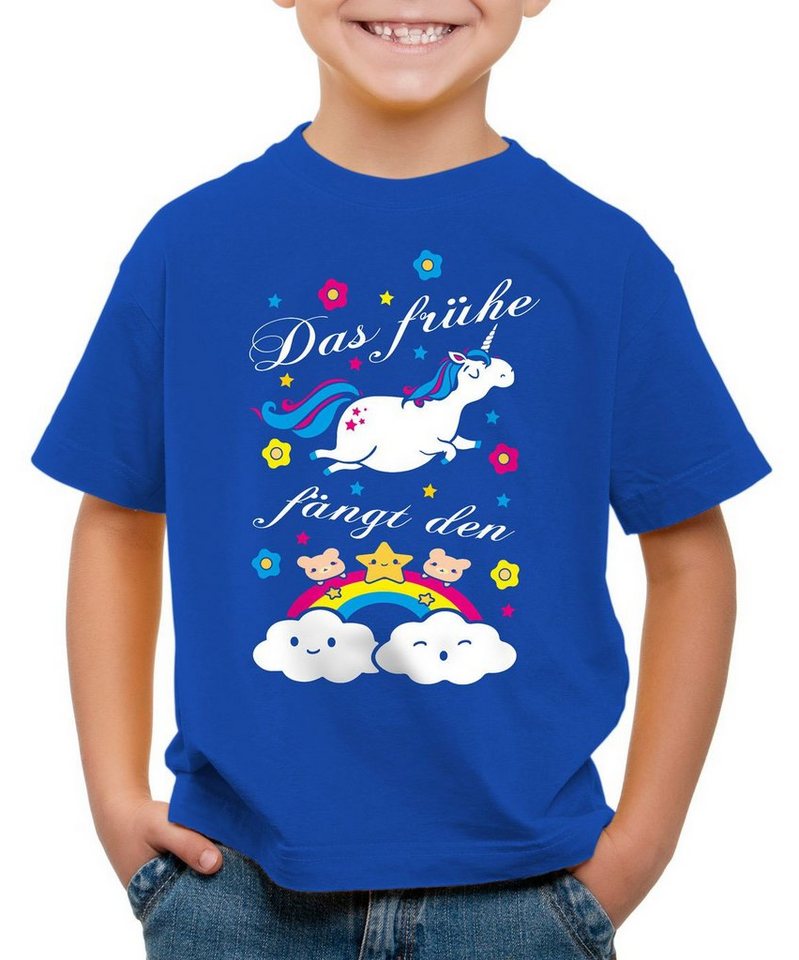 style3 Print-Shirt Kinder T-Shirt Das frühe Einhorn fängt Regenbogen Unicorn spruch fun süß bärchen von style3