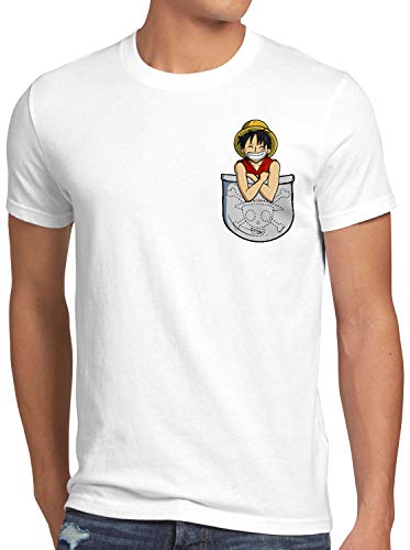 style3 Ruffy Brusttasche Herren T-Shirt Piece Anime Japan one Pirat, Größe:L, Farbe:Weiß von style3