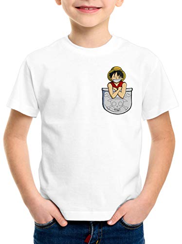 style3 Ruffy Brusttasche T-Shirt für Kinder Piece Anime Japan one Pirat, Farbe:Weiß, Größe:140 von style3