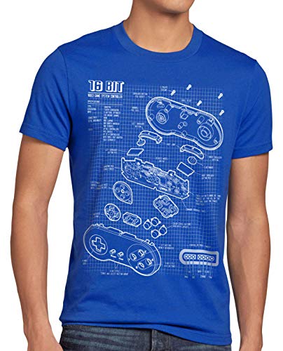 style3 SNES Controller Blaupause Herren T-Shirt 16-Bit Videospiel, Größe:XL, Farbe:Blau von style3