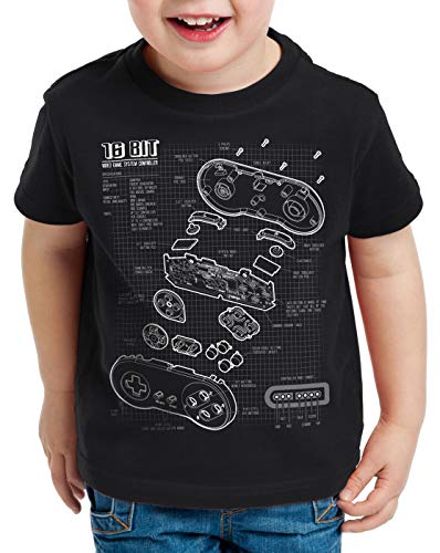 style3 SNES Controller Blaupause Kinder T-Shirt 16-Bit Videospiel, Farbe:Schwarz, Größe:116 von style3