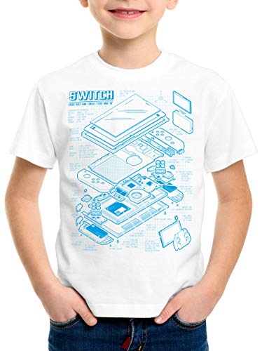style3 Switch Blaupause T-Shirt für Kinder pro Gamer Konsole Joy-Con, Farbe:Weiß, Größe:140 von style3