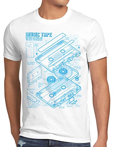 style3 Tape Blaupause Herren T-Shirt dj musikkassette Turntable Retro, Größe:S, Farbe:Weiß von style3