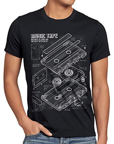 style3 Tape Blaupause Herren T-Shirt dj musikkassette Turntable Retro, Größe:M, Farbe:Schwarz von style3