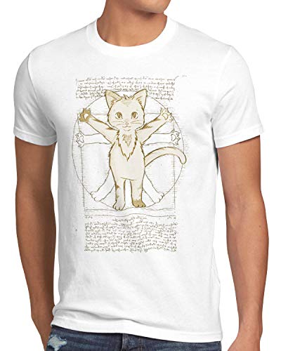 style3 Vitruvianische Katze Herren T-Shirt kätzchen da Vinci Tier, Größe:M, Farbe:Weiß von style3