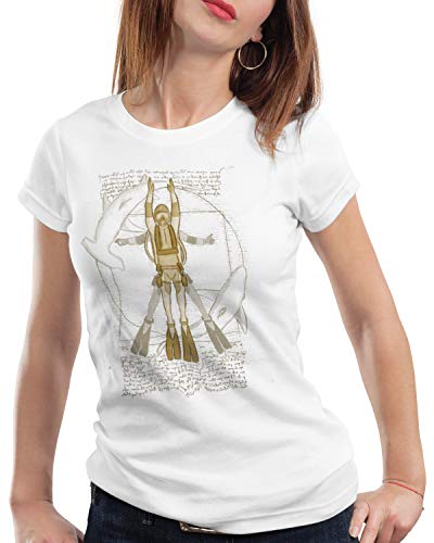 style3 Vitruvianischer Taucher Damen T-Shirt froschmann Scuba Schnorcheln, Farbe:Weiß, Größe:M von style3