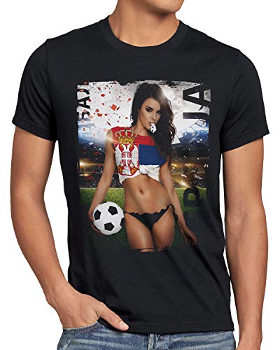 style3 EM 2024 Soccer Girl Herren T-Shirt Fußball Europameisterschaft Trikot Deutschland Schwarz, Größe:L, Land:Serbien von style3