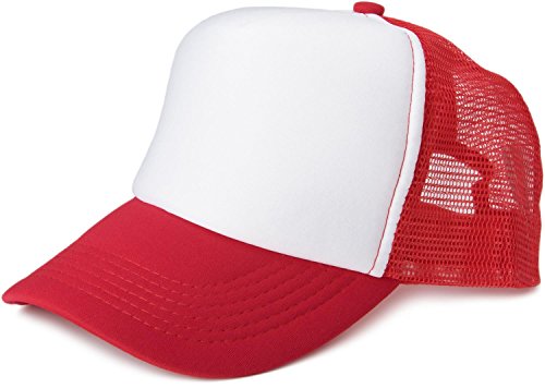 styleBREAKER Unisex 5-Panel Trucker Cap mit Mesh-Einsatz | verstellbares Basecap mit Click Snap Verschluss | luftiges Netz Cap für Damen und Herren, Farbe:Weiß-Rot von styleBREAKER