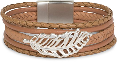styleBREAKER Armband mit Feder Schmuck Element, Flechtoptik, geflochten, Magnetverschluss, Wickelarmband, Damen 05040106, Farbe:Braun von styleBREAKER
