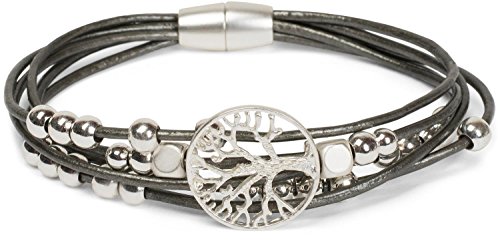 styleBREAKER Armband mit feinen Bändern, Lebensbaum Anhänger und Schmuckperlen, Magnetverschluss, Armschmuck, Schmuck, Damen 05040135, Farbe:Antik-Grau von styleBREAKER