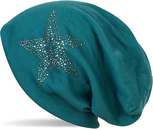 styleBREAKER Damen Beanie Mütze mit Strass Nieten Stern und Schmucksteine Silber-anthrazit, Slouch Longbeanie 04024087, Farbe:Petrol von styleBREAKER