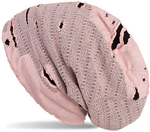 styleBREAKER Beanie Mütze im Destroyed Vintage Used Look, Slouch Longbeanie, Unisex 04024036, Farbe:Rose-Schwarz von styleBREAKER