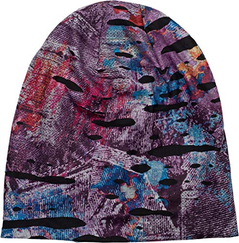 styleBREAKER Beanie Mütze im Splat Style mit Klecksen und Zeichen im Destroyed Vintage Look, Unisex 04024077, Farbe:Violett-Pink-Blau von styleBREAKER