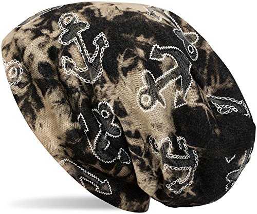 styleBREAKER Beanie Mütze im maritimen Anker Seil Print Look, Slouch Longbeanie, Unisex 04024082, Farbe:Schwarz-Beige von styleBREAKER