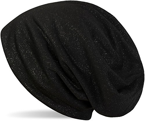 styleBREAKER Damen Beanie Mütze mit All Over Glitzer in Unifarben, Glitzermütze, Leichte Stoffmütze Einfarbig 04024117, Farbe:Schwarz von styleBREAKER