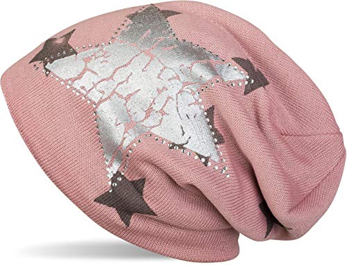 styleBREAKER Beanie Mütze mit All Over Stern Muster, Vintage Stern Print, Strass Rand und sehr weichem Innenfutter, Unisex 04024097, Farbe:Altrose von styleBREAKER