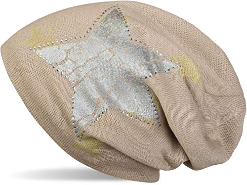 styleBREAKER Beanie Mütze mit All Over Stern Muster, Vintage Stern Print, Strass Rand und sehr weichem Innenfutter, Unisex 04024097, Farbe:Beige styleBREAKER Beanie Mütze mit All Over Stern Muster, Vintage Stern Print, Strass Rand und sehr weichem Innenfutter, Unisex 04024097, Farbe:Beige von styleBREAKER