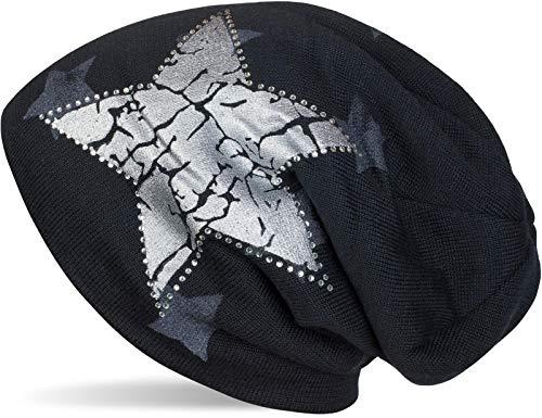 styleBREAKER Beanie Mütze mit All Over Stern Muster, Vintage Stern Print, Strass Rand und sehr weichem Innenfutter, Unisex 04024097, Farbe:Midnight-Blue/Dunkelblau von styleBREAKER