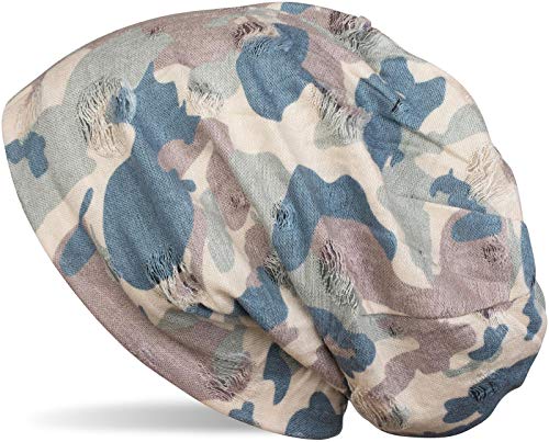 styleBREAKER Beanie Mütze mit Camouflage Muster im Destroyed Vintage Used Look, Slouch Longbeanie, Unisex 04024102, Farbe:Braun-Beige-Grün-Blau von styleBREAKER