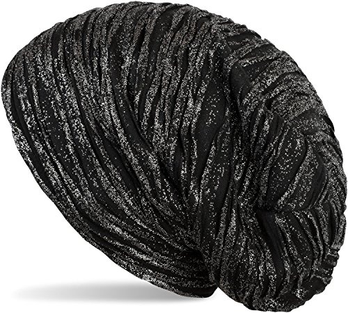 styleBREAKER Beanie Mütze mit Falten und All Over Glitzer, Slouch Longbeanie, Damen 04024147, Farbe:Schwarz/Silber von styleBREAKER