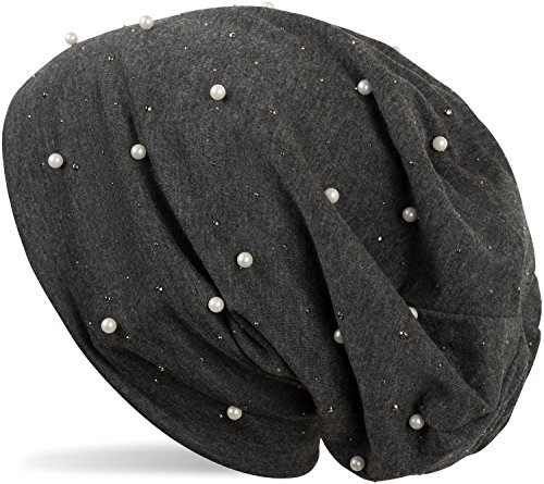 styleBREAKER Beanie Mütze mit Perlen und Strass Nieten, Slouch Longbeanie, Damen 04024140, Farbe:Dunkelgrau meliert von styleBREAKER