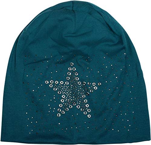 styleBREAKER Damen Stoff Beanie Mütze mit Stern Nieten und Strass Applikation, Lochnieten, Longbeanie 04024049, Farbe:Petrol von styleBREAKER