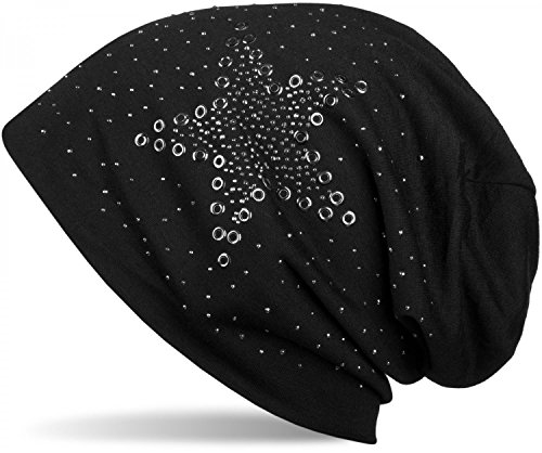 styleBREAKER Damen Stoff Beanie Mütze mit Stern Nieten und Strass Applikation, Lochnieten, Longbeanie 04024049, Farbe:Schwarz von styleBREAKER