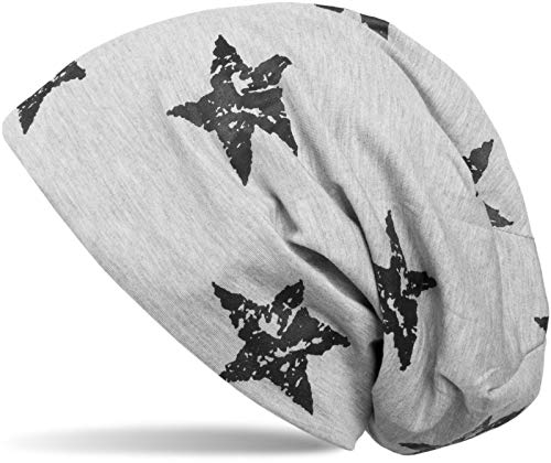 styleBREAKER Unisex Stoff Beanie Mütze mit Sterne Print im Destroyed Vintage Look, Longbeanie 04024041, Farbe:Hellgrau von styleBREAKER