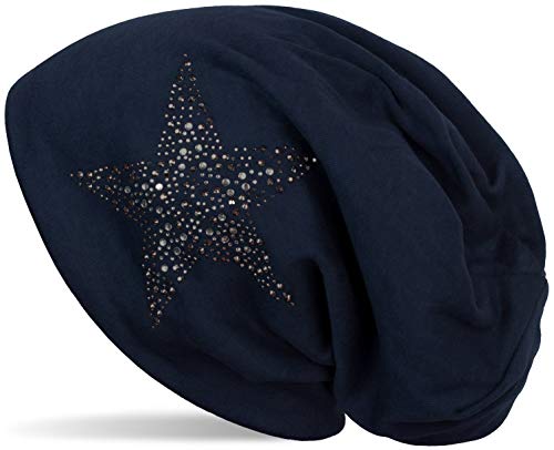 styleBREAKER Damen Beanie Mütze mit Strass Nieten Stern und Schmucksteine Silber-anthrazit, Slouch Longbeanie 04024087, Farbe:Midnight-Blue von styleBREAKER